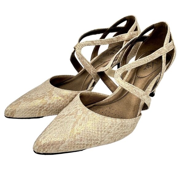 LifeStride Flex Seamless Beige Faux Snakeskin Heels Crisscross Strap 8.5 Pointed - Picture 2 of 9